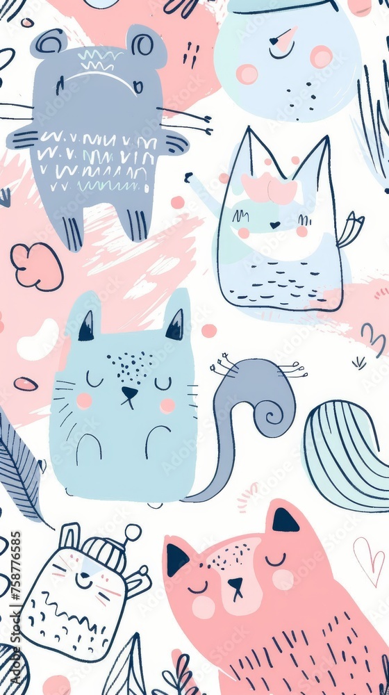 Poster This pattern features playful illustrations of cats and plants arranged on a clean white background. The cats and plants are intricately designed, creating a whimsical and charming display.