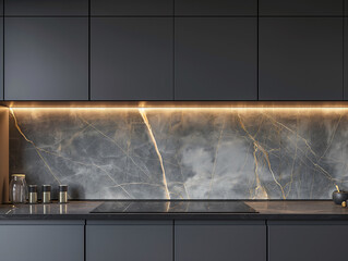 A modern kitchen showcases sleek black cabinets against striking marble wall panels