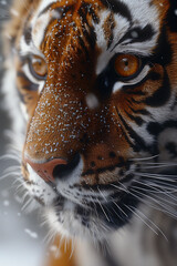 A highly detailed close-up of an Amur tiger, capturing the intensity of its gaze amid falling snow