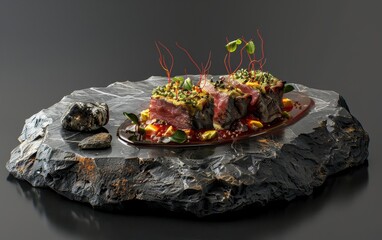 Artistic gourmet steak dish garnished with vibrant herbs and spices on a rustic stone platter.