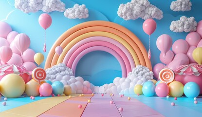 cartoon backdrop design, candy land, rainbow in the sky, colorful 