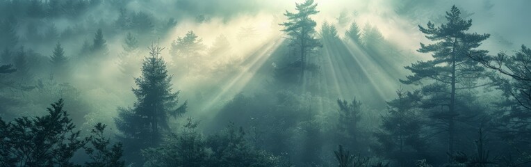 The suns rays pierce through the thick fog in a forest, creating a mystical and ethereal...