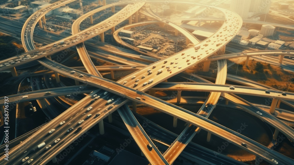 Poster Generative AI High-altitude shots displaying a highway interchange during rush hour, highlighting the movement of vehicles.