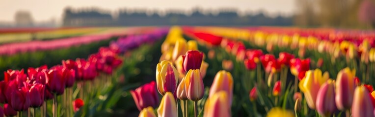 A field filled with rows of colorful tulips under a bright blue sky. The tulips bloom in shades of...
