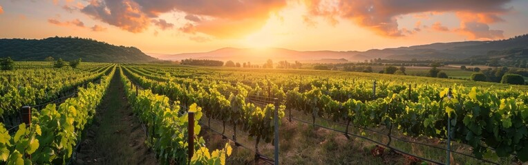 The sun is casting a warm glow as it sets over rows of lush green vines in a vineyard. The colors...