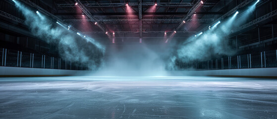 Ice Rink Background. Professional Arena illuminated blue, pink neon lights, spotlights with smoke. Copyspace. Winter poster for hockey competitions. Ice skating. Stadium. Generative ai