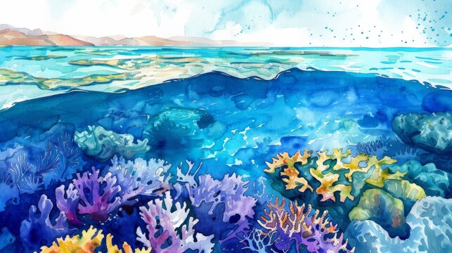 A realistic watercolor painting depicting a vibrant coral reef teeming with life under the clear blue ocean water. The detailed artwork captures the beauty and diversity of marine ecosystems.