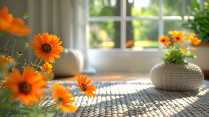 Bright room with orange flowers in vases on a table, sunlight streaming through windows.