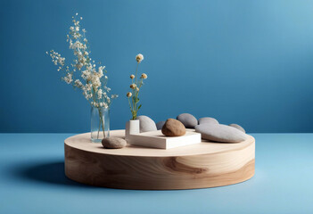 product display on blue background. Wood slice podium, dry flowers and stones 