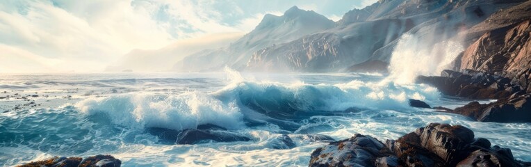 A painting depicting a rocky coast being battered by powerful crashing waves. The rocky shoreline...