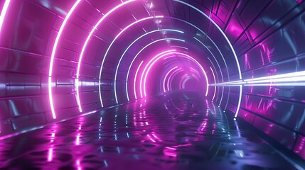 3d render, abstract futuristic background with neon lights and holographic elements in space tunnel. Digital wallpaper for design, cover, banner, poster or presentation