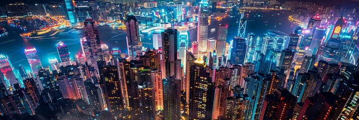 A panoramic view of a city's skyscrapers at night, illuminated by thousands of lights, reflecting...