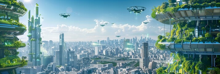 A futuristic cityscape with towering eco-skyscrapers, flying cars, and green spaces on rooftops,...