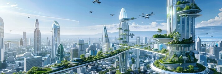 A futuristic cityscape with towering eco-skyscrapers, flying cars, and green spaces on rooftops,...
