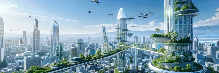 Poster A futuristic cityscape with towering eco-skyscrapers, flying cars, and green spaces on rooftops, under a clear blue sky © Lemar