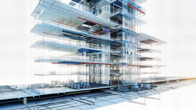 Digital Technology in Architectural Construction, Modern Building Design and Structural Engineering Concept