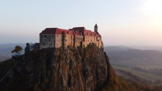 Aerial shot of Riegersburg medieval castle at sunset in the Austrian state of Styria