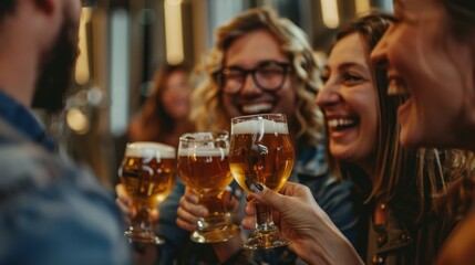 Cheerful friends enjoying a beer tasting session in a brewery - Powered by Adobe