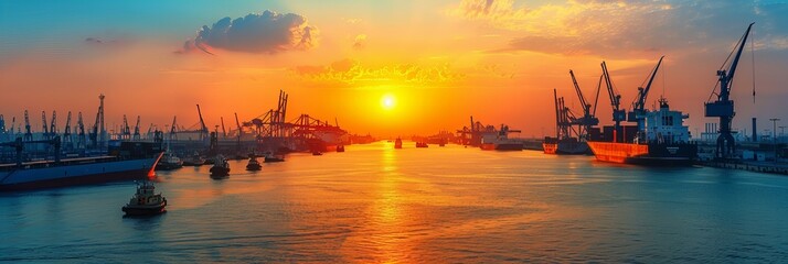 The bustling port of a major city during golden hour, with cargo ships and cranes silhouetted against the sunset sky