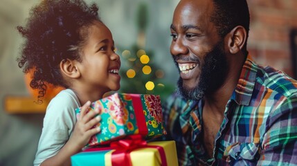 A man and a little girl are standing together, the man holding a gift for the girl. Scene is joyful and festive, as they are celebrating a special occasion - obrazy, fototapety, plakaty