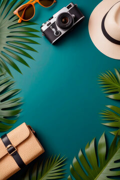 Top view of tropical leaves mini luggage and beach accessories, background sea vacation.