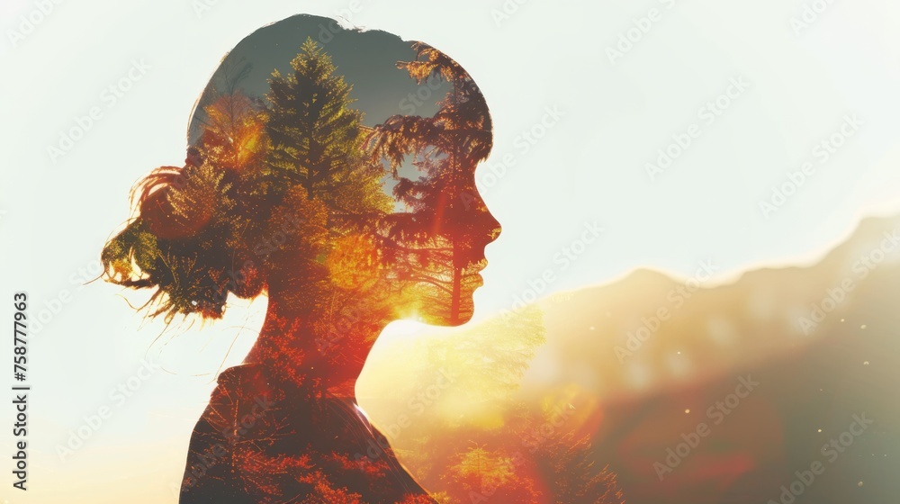 Poster a womans face is shown with the sun positioned directly behind her, creating a stunning double expos