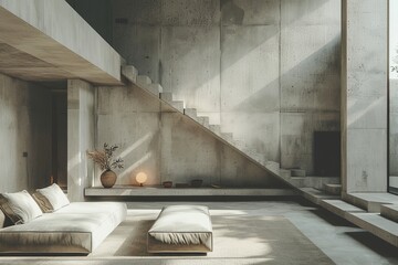 Modern concrete style living room with natural sunlight