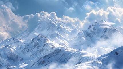 A mountain range covered in a blanket of snow, stretching far into the distance under a sky filled with thick clouds. The white snow contrasts starkly against the dark rock formations of the mountains