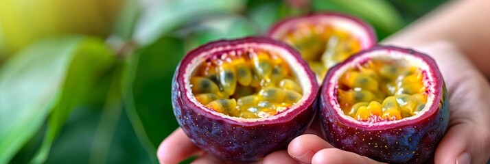 Fototapeta na wymiar Passion fruit selection hand holding passion fruit with blurred background, copy space available