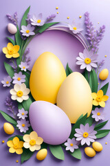 Paper cut style easter background with colorful flowers and Easter eggs in soft lavender and yellow colors.