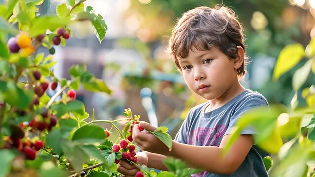 A Latino child picking raspberries in slow motion