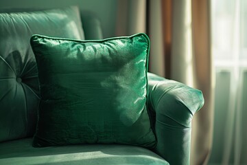 Elegant green velvet cushion on a luxurious sofa in natural light