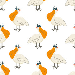 Seamless pattern with pelican bird, on white background, children's pattern, for fabric, wrapping paper, wallpaper