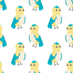 Seamless pattern with bird tit, on white background, children's pattern, for fabric, wrapping paper, wallpaper