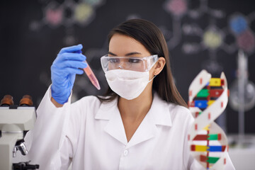 Science, test tube and woman in mask for medical research, experiment and dna. Scientist, glasses...
