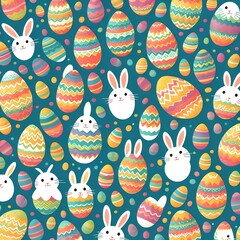 Happy Easter banner with bunny, flowers and eggs. Egg hunt poster. Spring background in modern style