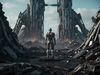 A solitary figure standing amidst ruins, surrounded by the aftermath of battle - obrazy, fototapety, plakaty
