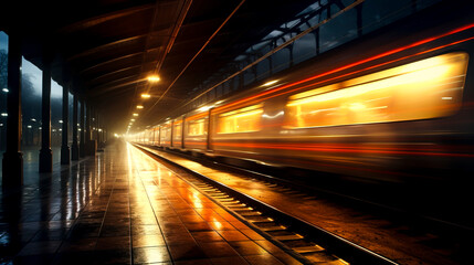 Fototapeta na wymiar Speeding Trains: Capturing the Dynamic Blur of Station Platforms and Shining Lights