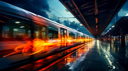 Fototapeta na wymiar Speeding Through: Capturing the Vibrant Energy of Passing Trains on a Dynamic Station Platform
