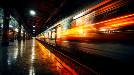 Fototapeta na wymiar Speeding Trains: Capturing the Dynamic Beauty of Station Platforms and Shining Lights