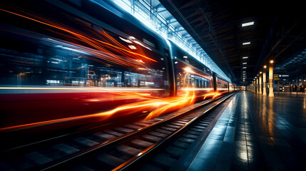 Fototapeta na wymiar Speeding Through: Capturing the Energy of Passing Trains on a Station Platform