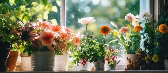 Flowers and indoor plants on windowsill.