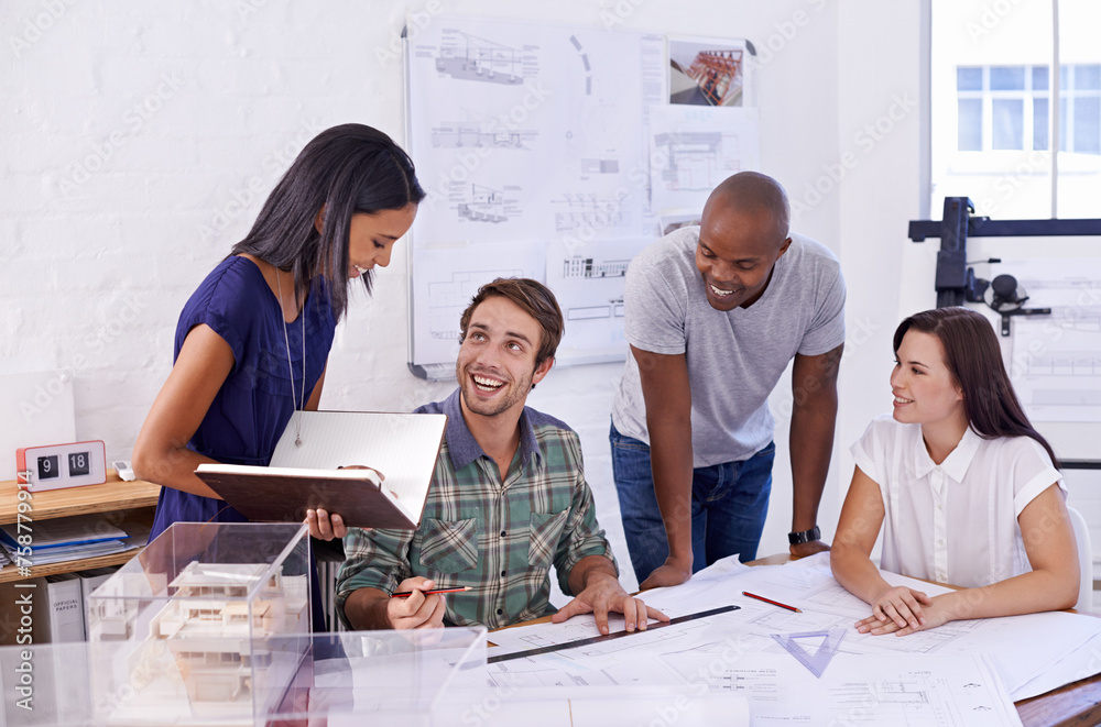 Poster Architecture, people and collaboration with drawing on blueprint in office for building design, remodeling project and layout plan. Teamwork, architect and happy employees with development planning