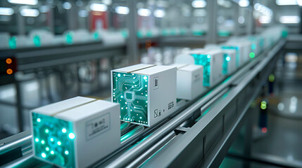 Tech-inspired White Boxes: Circuit Board Graphic Design on Conveyor Belt
