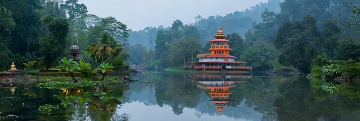 A tranquil temple by the edge of a still lake, its perfect reflection mingling with the soft ripples of water