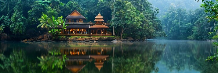 A riverbank temple in the heart of the jungle, its reflection mingling with the lush greenery and...