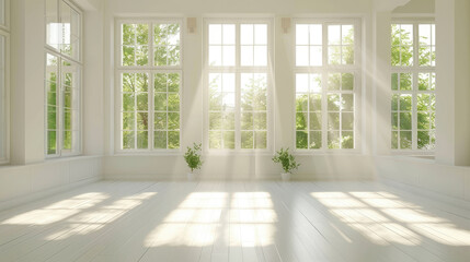 A room flooded with natural light from multiple windows, featuring a potted plant in the corner - Powered by Adobe