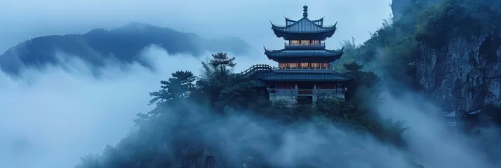 Plexiglas foto achterwand A serene temple perched atop a mist-covered mountain, with the first light of dawn illuminating its peaceful facade © Lemar