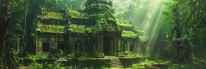 A secluded temple hidden within an ancient forest, sunlight filtering through the dense canopy onto...