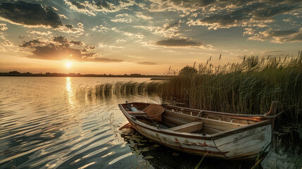 A small boat drifts on a lake next to tall grass under a clear sky - obrazy, fototapety, plakaty
